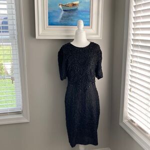 Vintage 80s Laurence Kazar Beaded Shortsleeve Black Formal Cocktail Dress Large